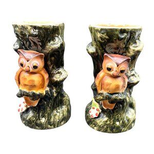 Vintage Owl Tree Trunk Ceramic Vases Hand Painted Set Of 2 - 5"H x 3"W